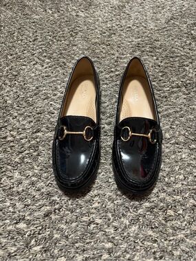Carvela Black Patent Loafers with Gold Horsebit
